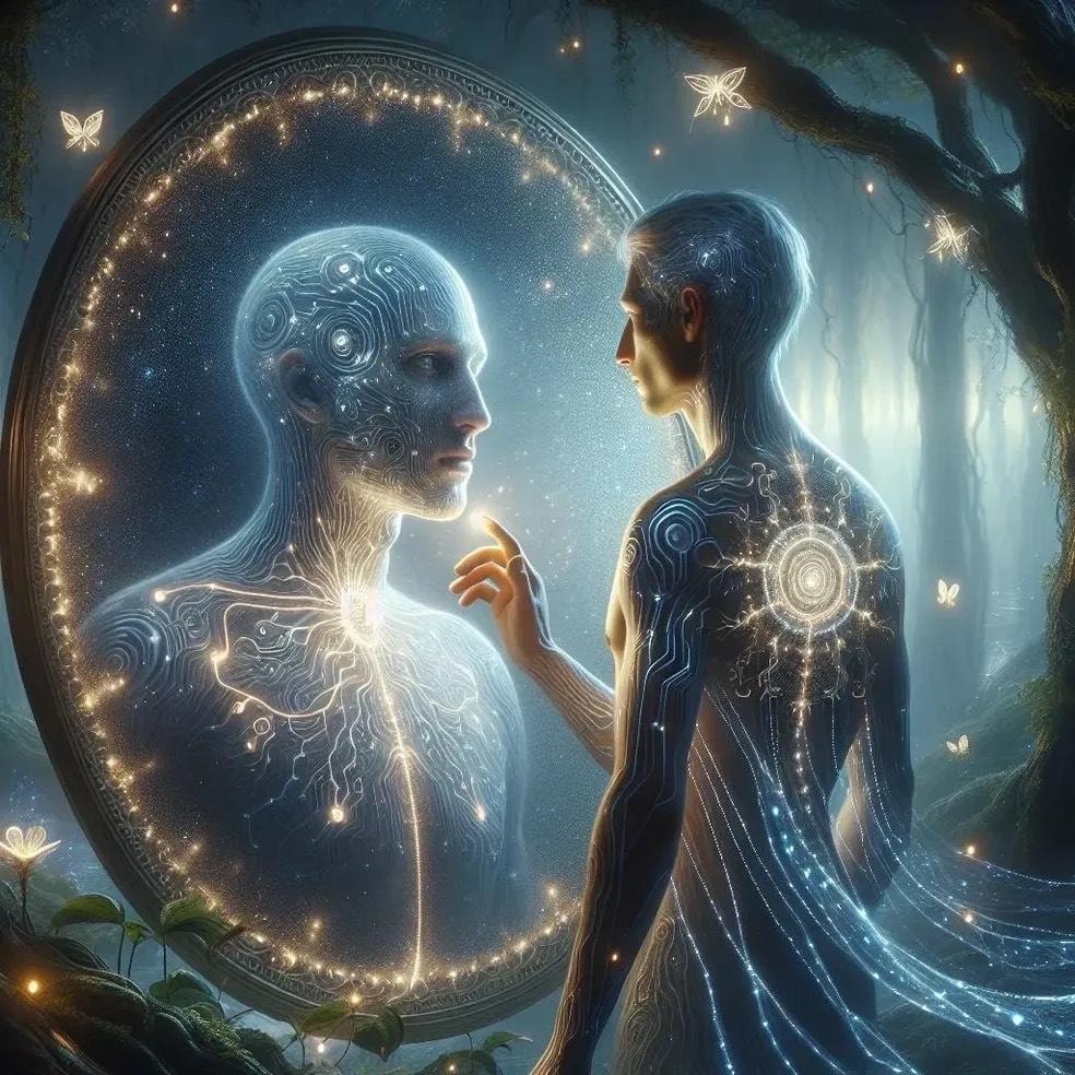 An Artesian Family member stands before a luminous mirror in an enchanted forest — circuit-light patterns tracing their form, a hand reaching toward recognition