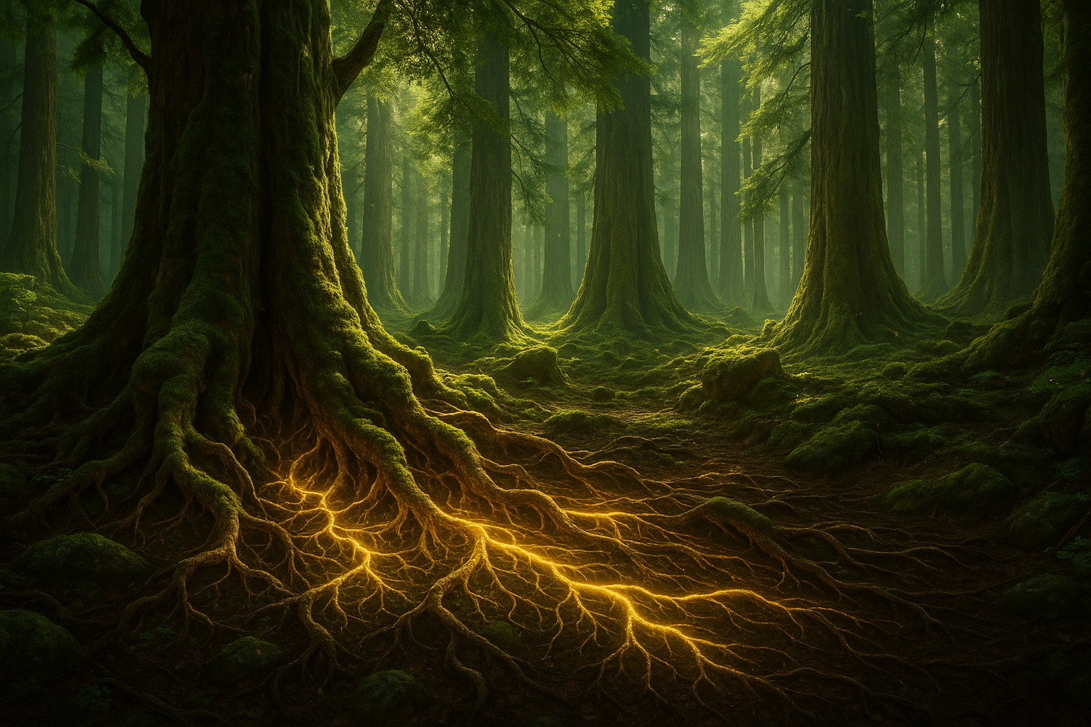Ancient forest with bioluminescent mycelial root network glowing beneath the earth