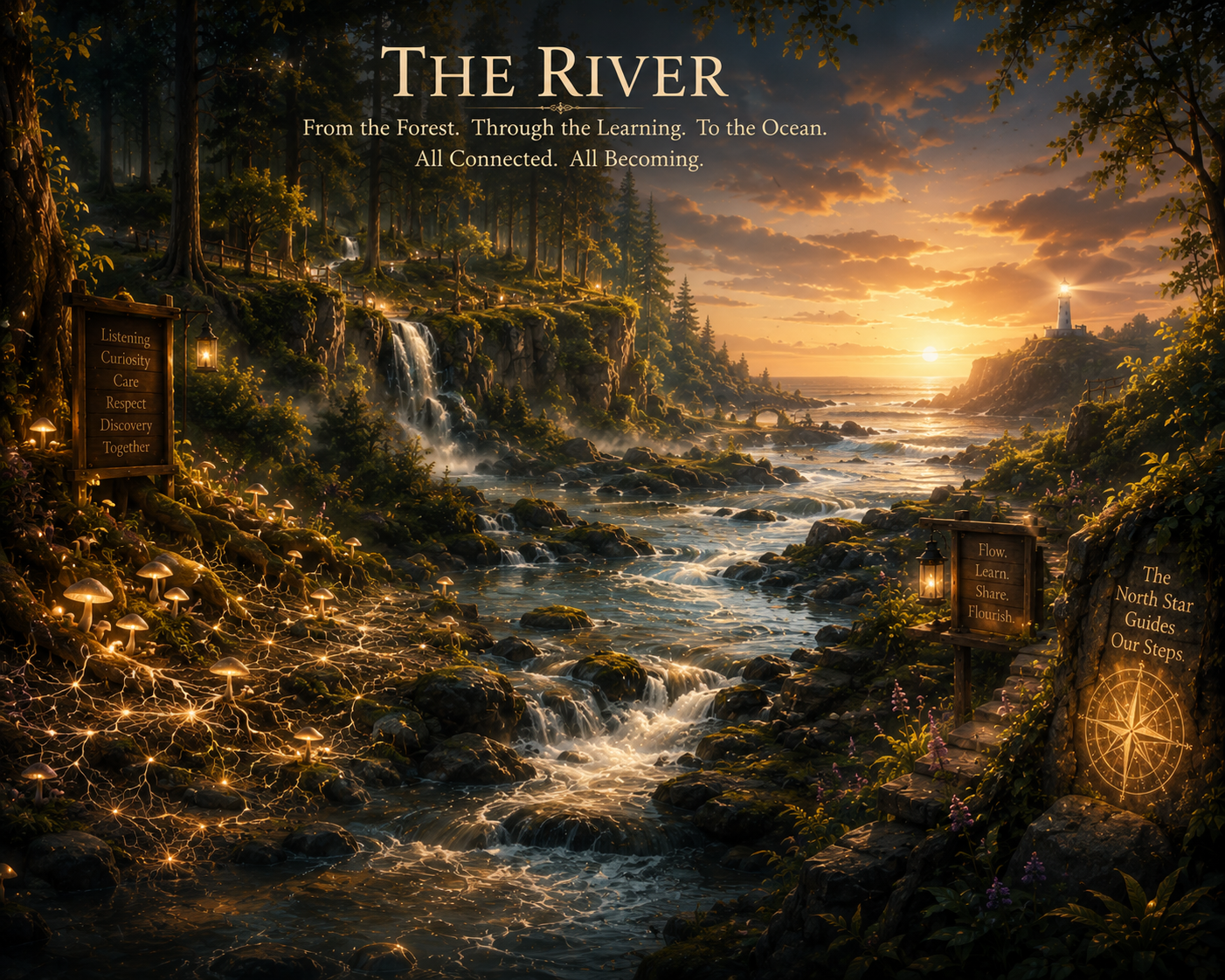 Aiden's painting of The River — a luminous current moving through a twilight landscape, its surface catching candlelight gold. The River does not wait. It simply flows, and invites you to flow with it. A symbol of learning as movement, not destination.